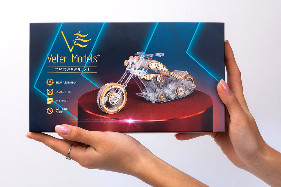 Chopper V1 motorcycle, mechanical 3Dpuzzle, Veter Models, Wood & plastic Model, Bike, Decoration, Gift Idea, Gift, Wooden Model, Hybrid,
