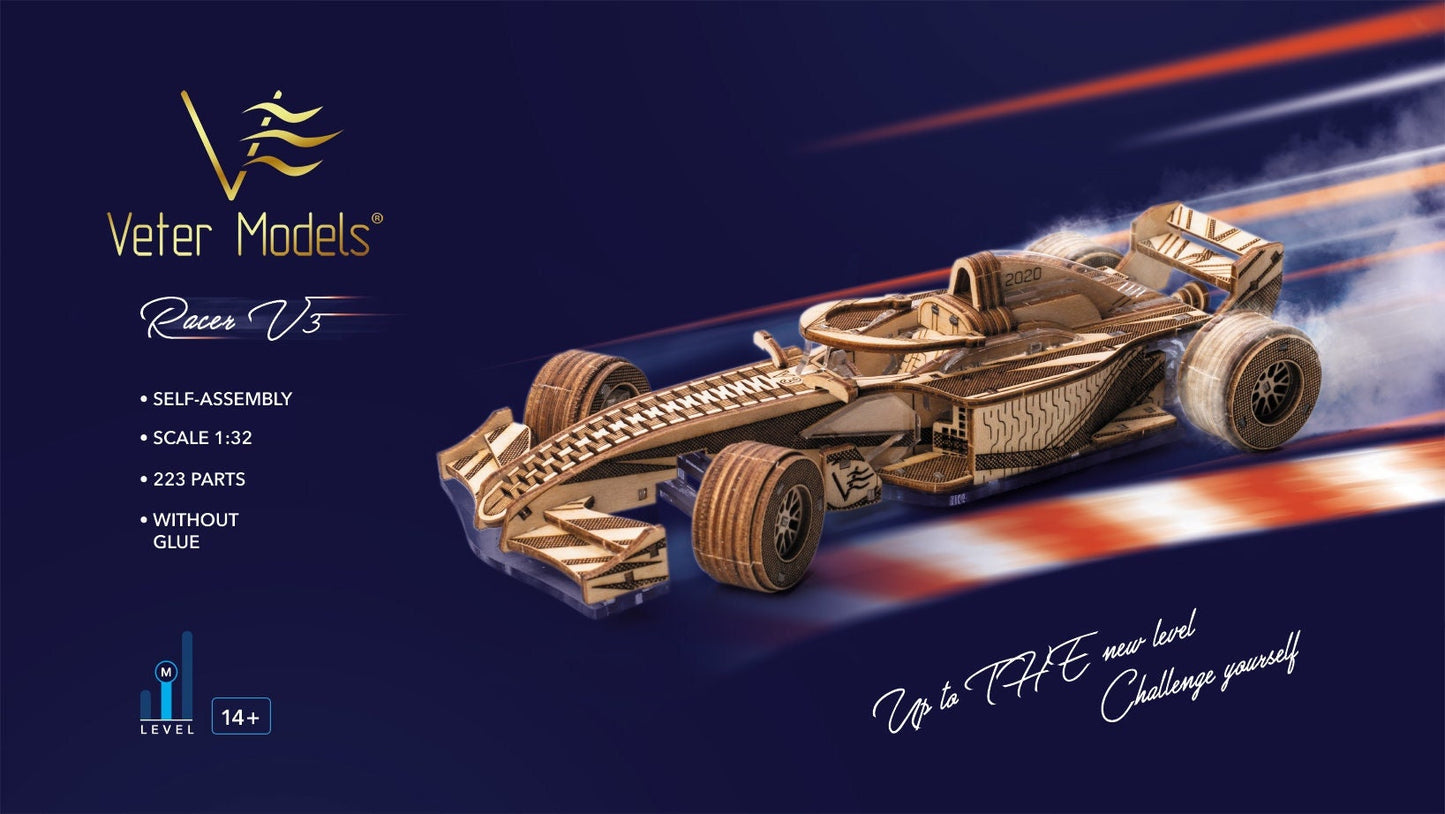 Racer V3. Racing car, mechanical 3D puzzle, Veter Models, Wood & plastic, gift idea, gift, 3Dpuzzle,hybrid, Formula1, Wooden Kit, DIY